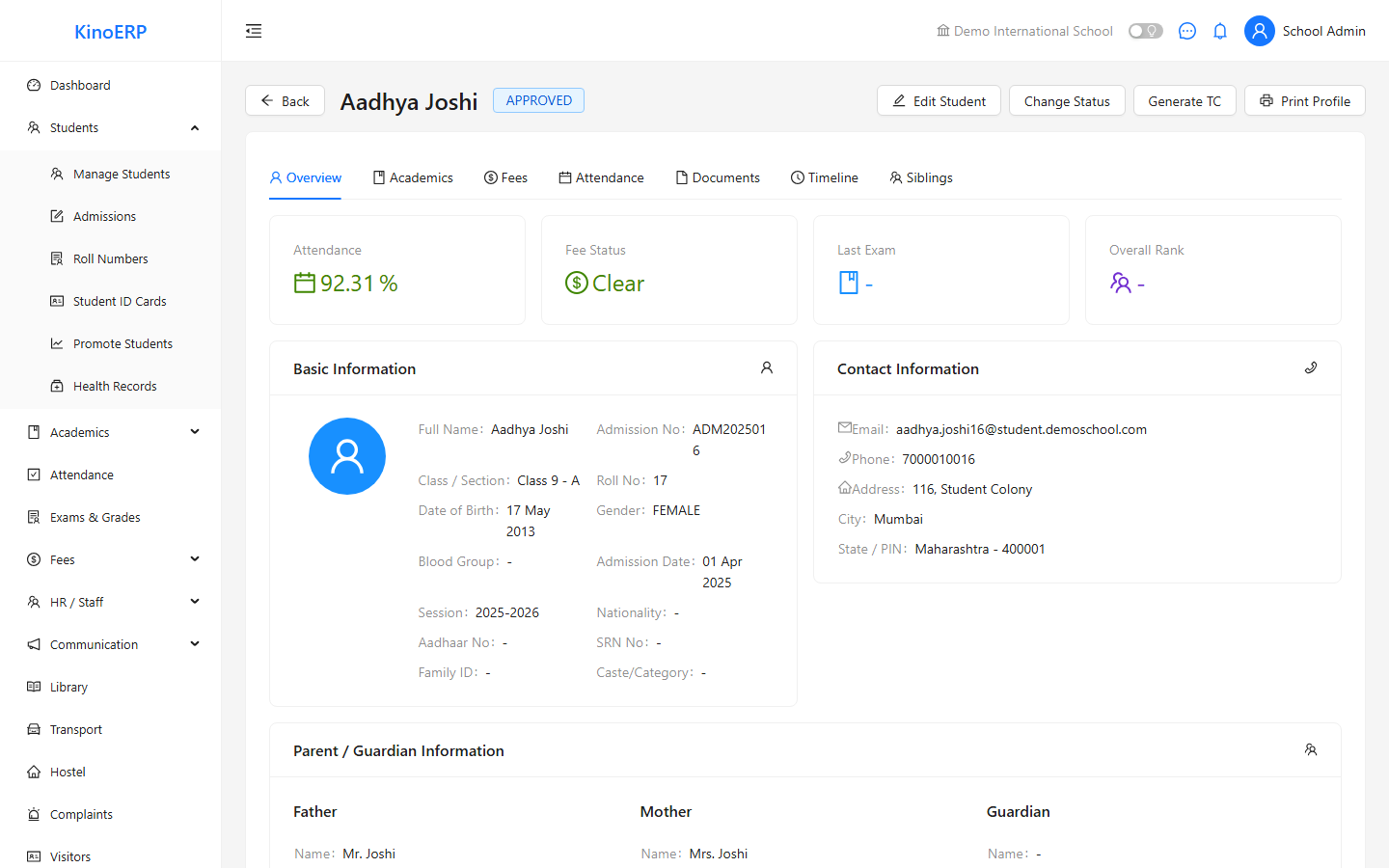 Student 360 profile with academics, fees, attendance, documents