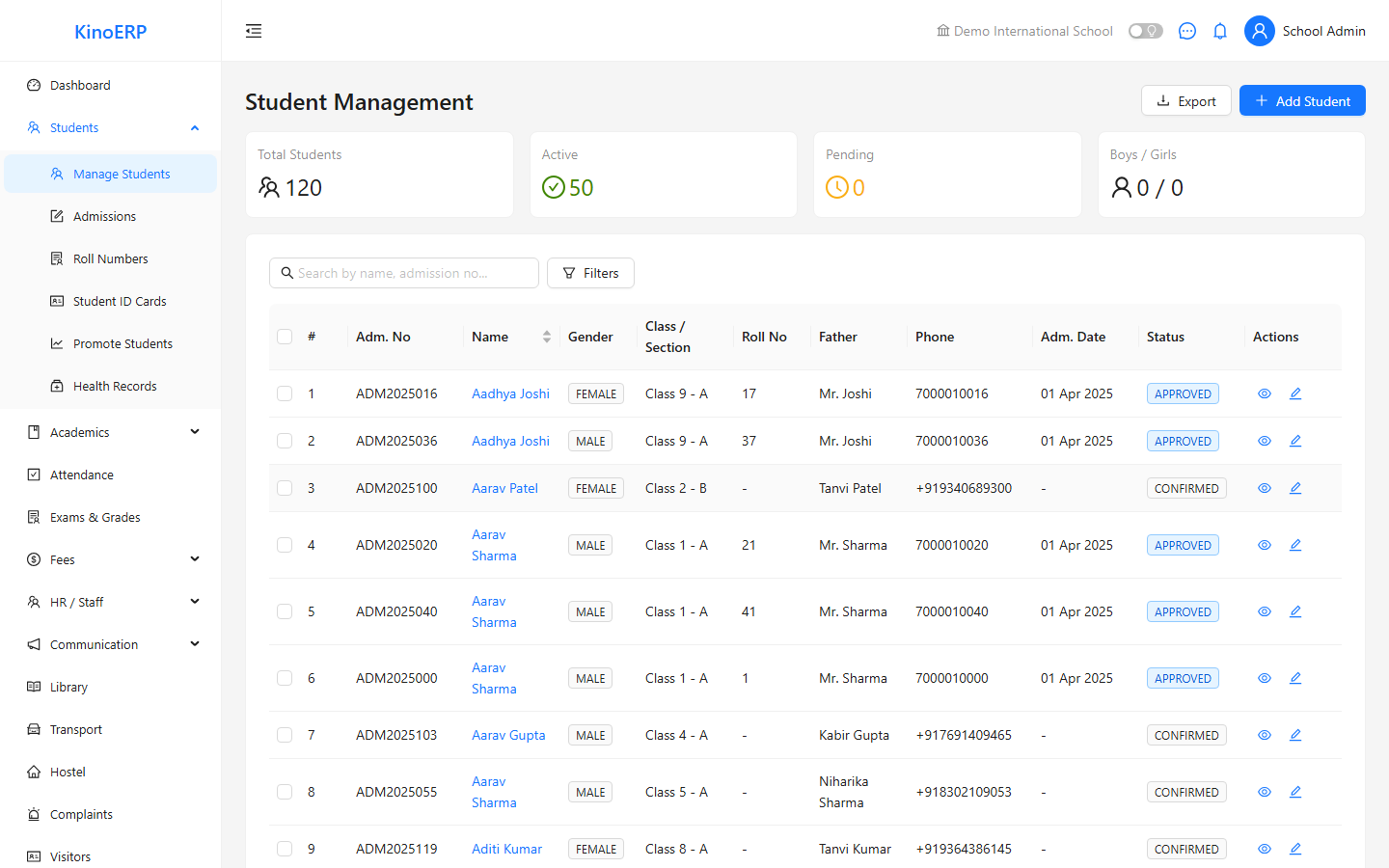 Student management — 120 students with class, section, roll, father's name and admission status
